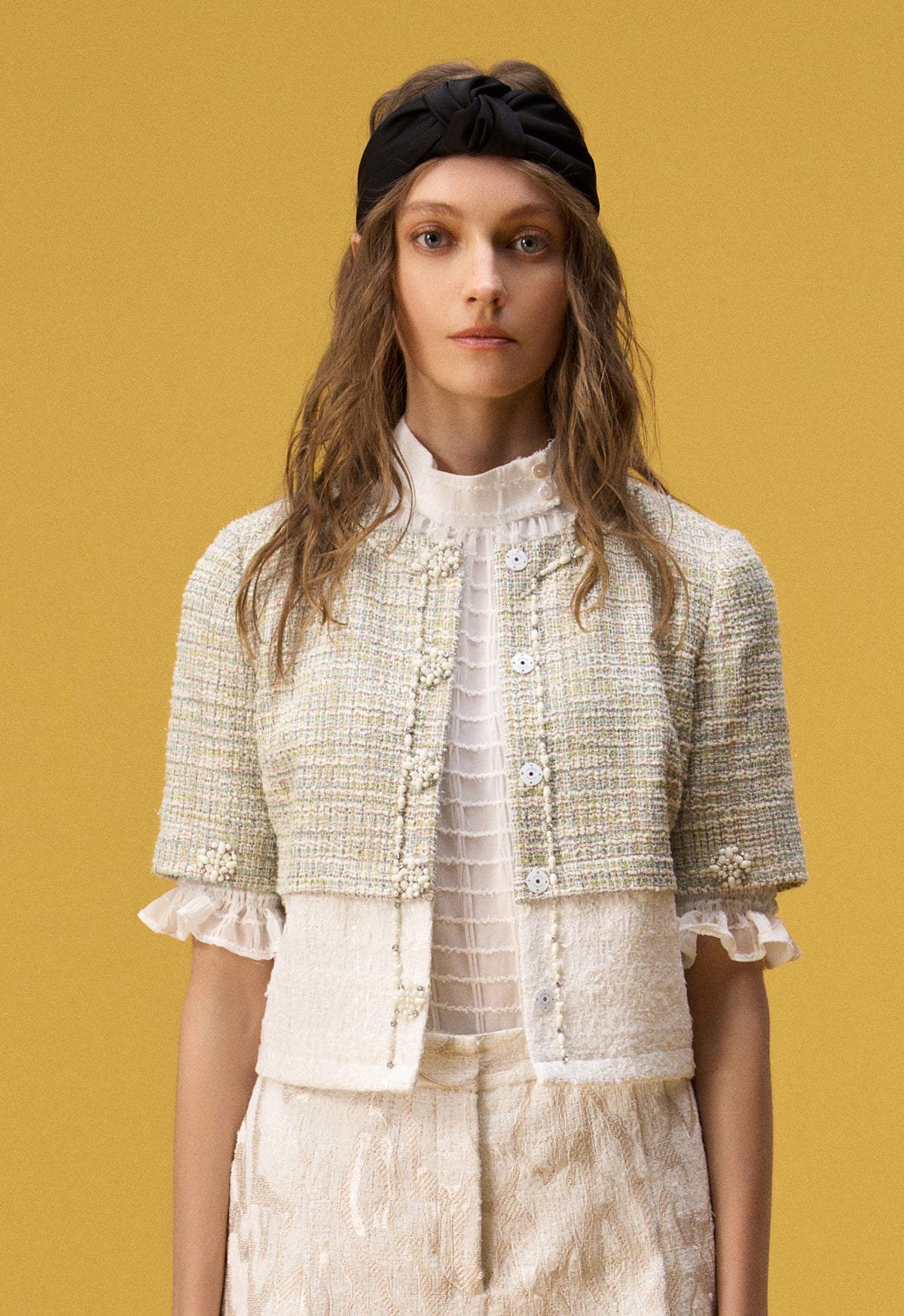 Mix Green White Patchwork Tweed Jacket - MOISELLE