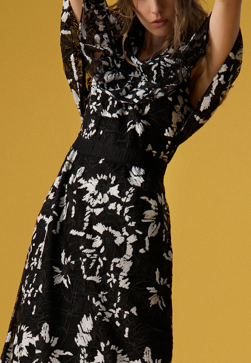 Black Floral Embroidered and Sequined Maxi Dress - MOISELLE