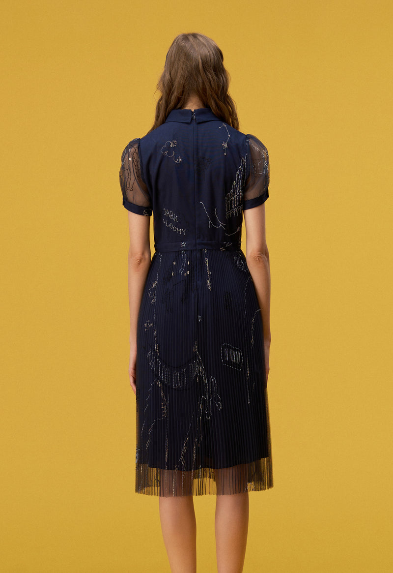Layered Dark Blue Embroidered Organza Cocktail Dress - MOISELLE