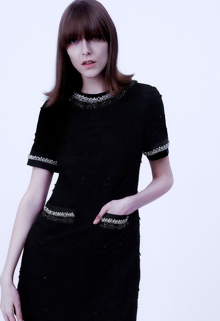 Black Rhinestone Embellished Thigh-length Dress - MOISELLE
