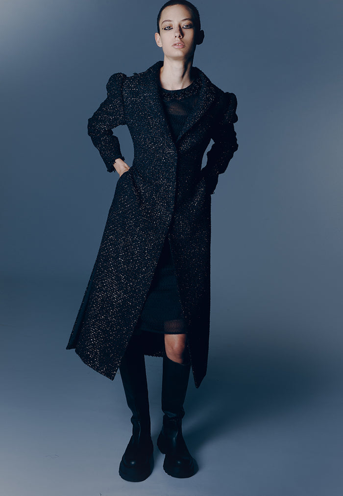 Black Tweed Lapel Coat - MOISELLE