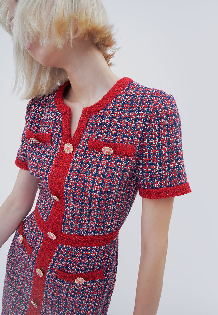 Red Tweed Embellished Button Dress - MOISELLE