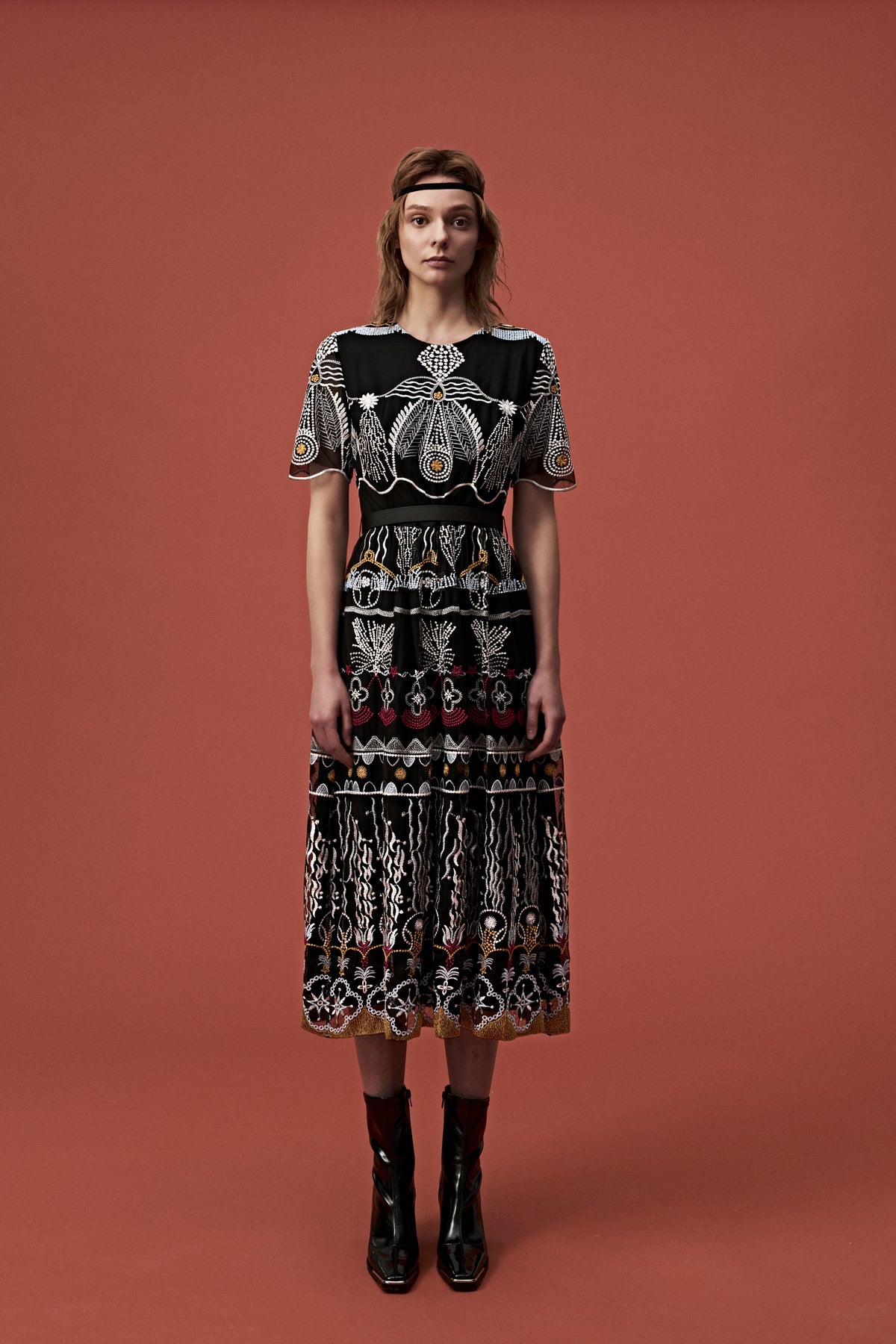 Vintage 80's Tribal Pattern Black Short Sleeve Dress - MOISELLE