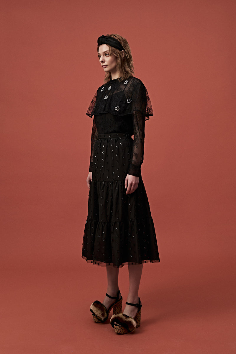 Léa Black Embellished Tiered Skirt - MOISELLE
