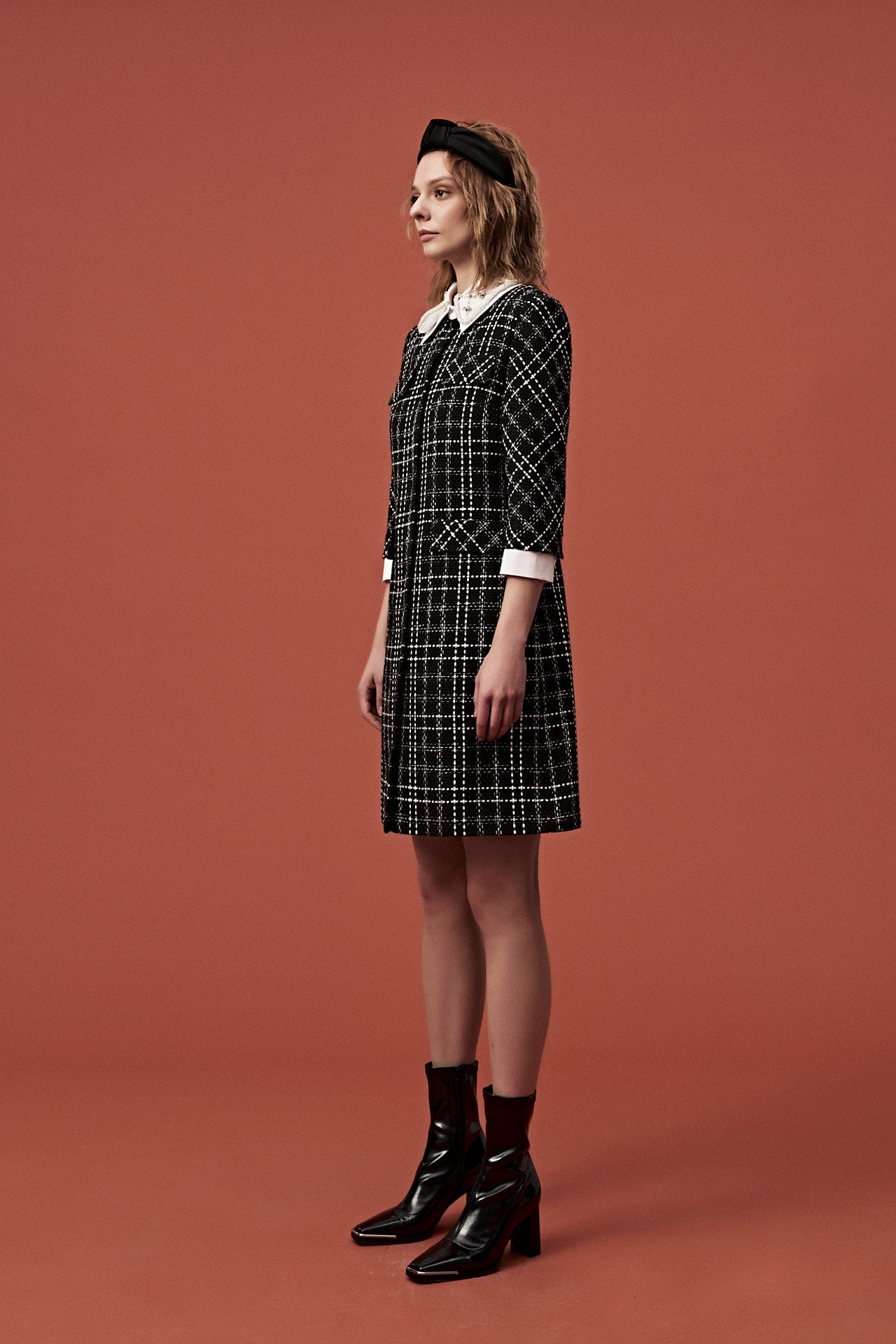 Beaded White Lapel Black Tweed Dress - MOISELLE