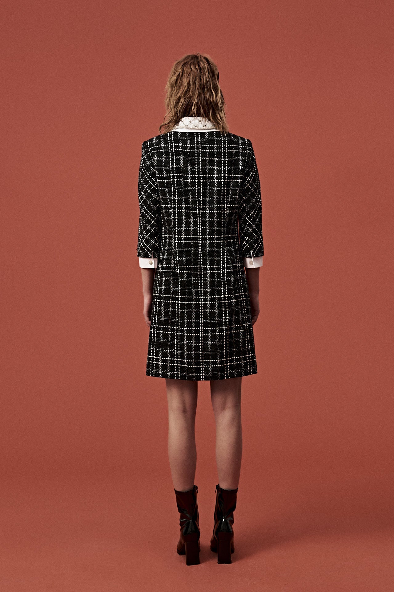 Beaded White Lapel Black Tweed Dress - MOISELLE