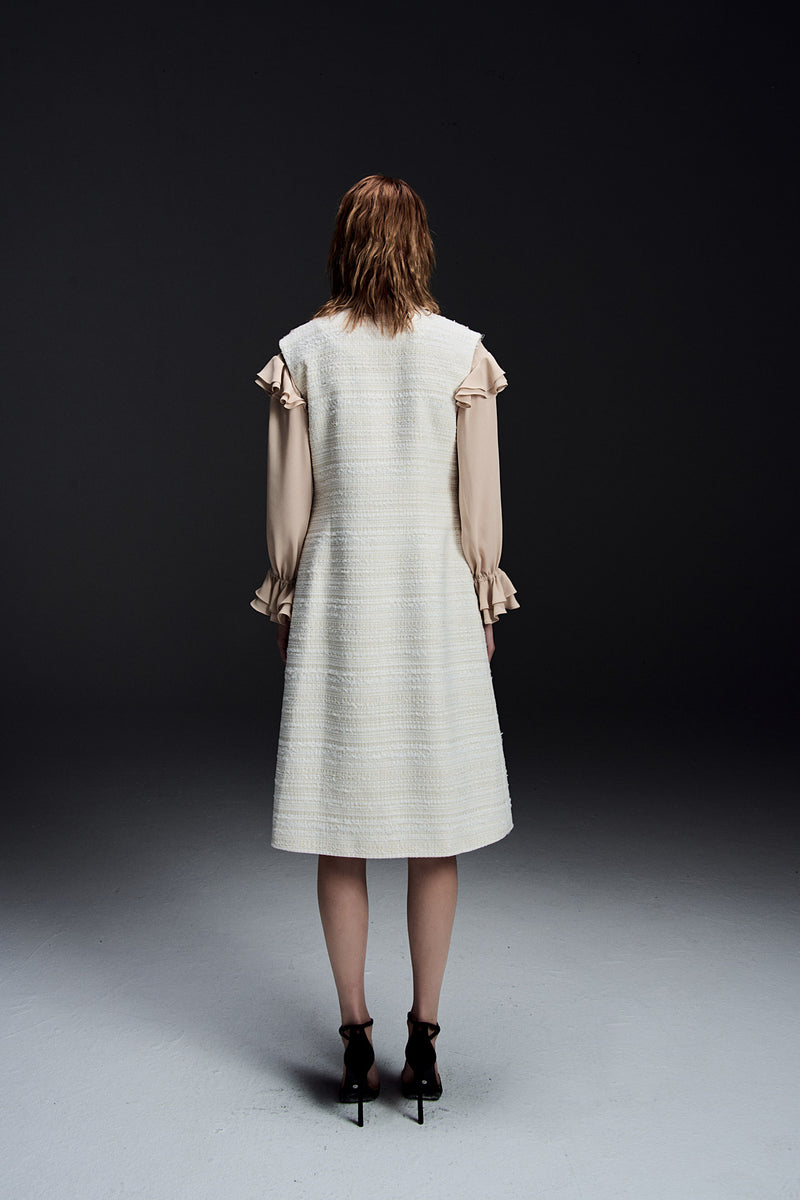 Light Cream Tweed Sleeveless Dress - MOISELLE